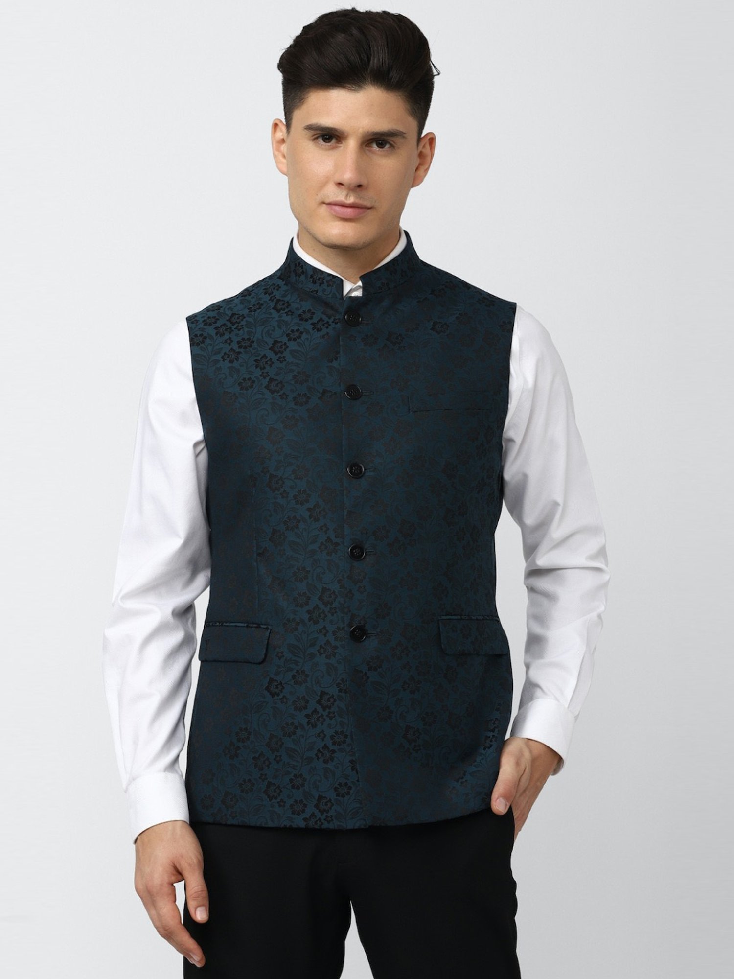 V Dot Navy Slim Fit Printed Nehru Jacket