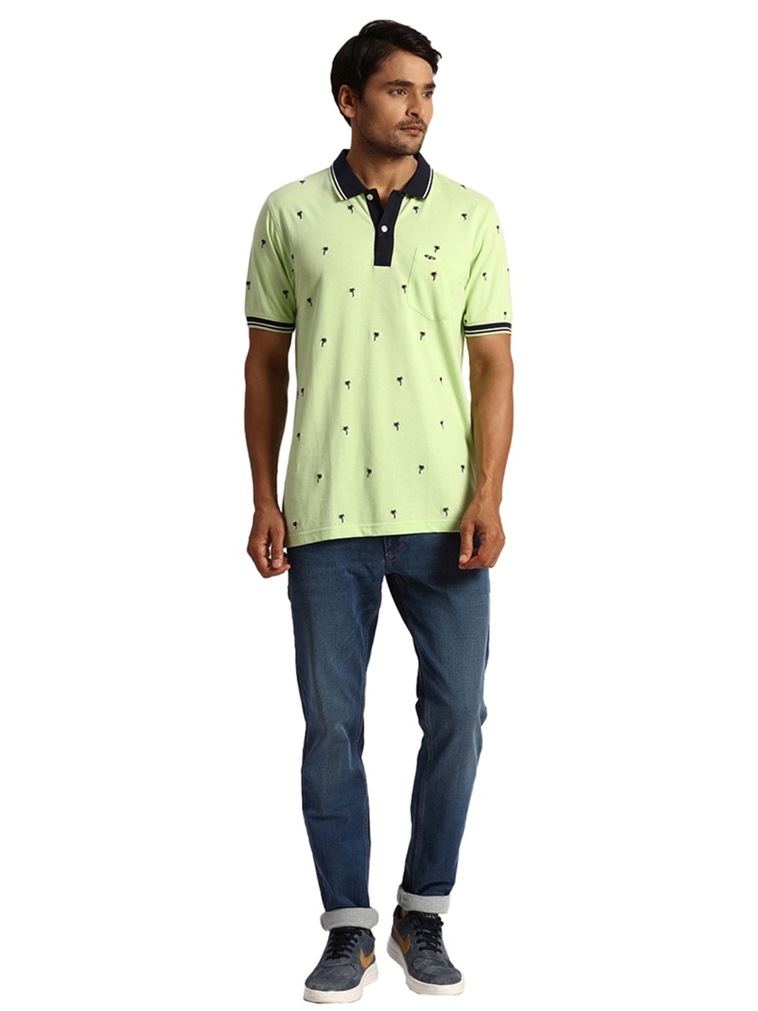 ColorPlus Green Cotton Tailored Fit Printed Polo T-Shirt