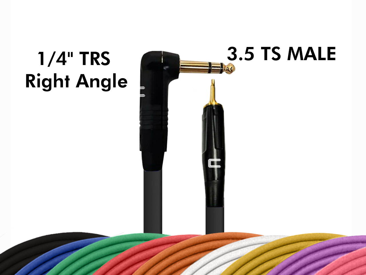 Right Angle 1/4" TRS to 3.5 TS Male Unbalanced Cable - Custom Length, Color Cord