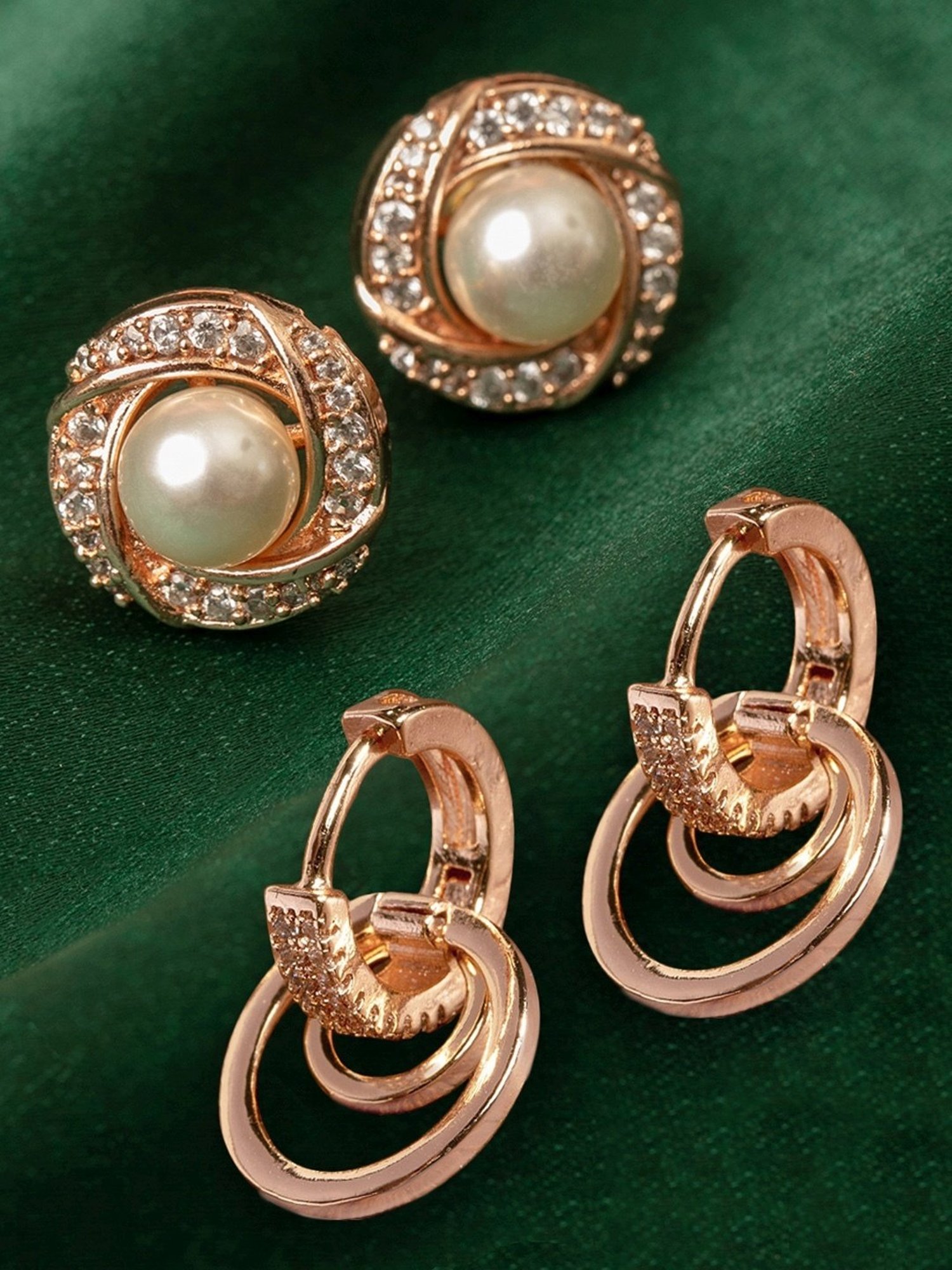 Zaveri Pearls Combo of 2 Rose Gold Cubic Zirconia & Pearls Brass Stud & Drop Earrings - ZPFK10859