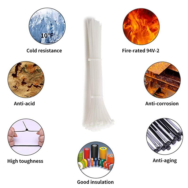 white Standard SelfLocking Nylon Cable Zip Ties Assorted Sizes 4681012 Inch with cable mount