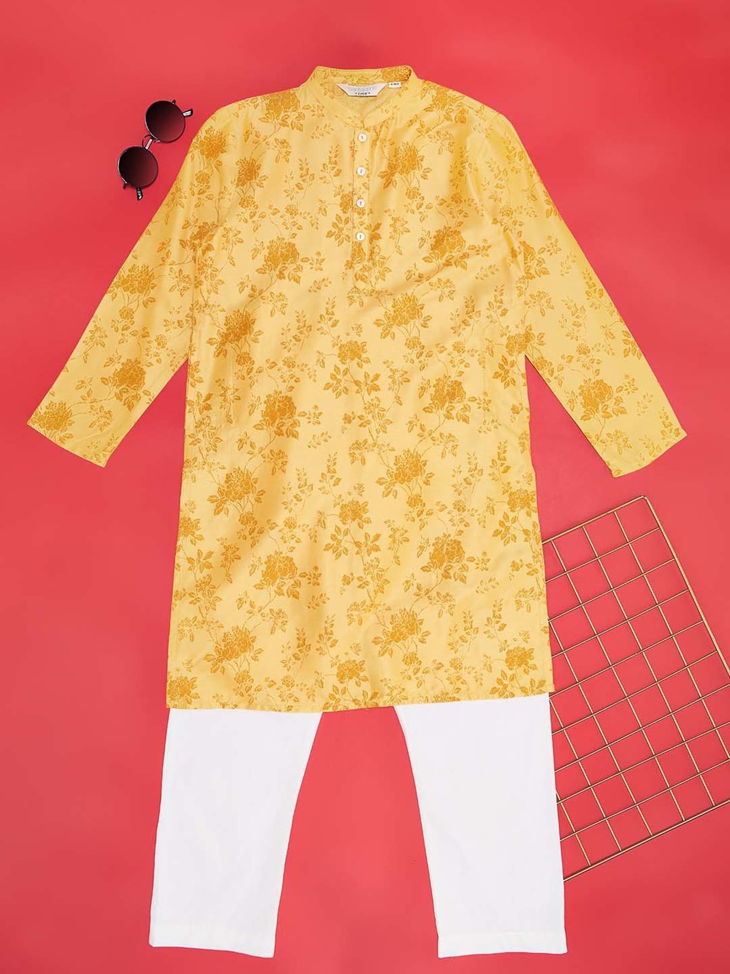 Indus Route by Pantaloons Kids Mustard & White Printed Full Sleeves Kurta Set