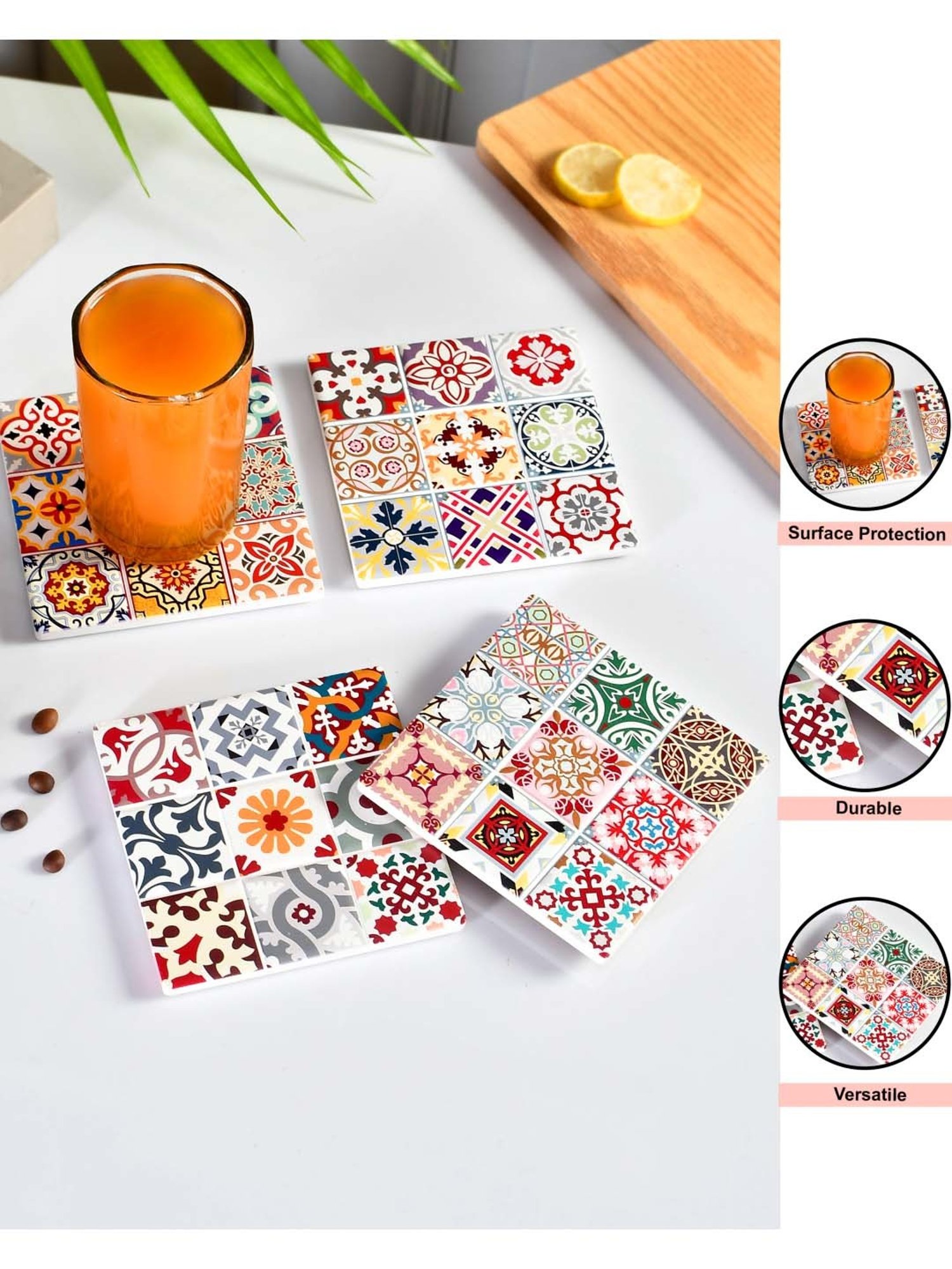 TAYHAA Multicolor Ceramic Stylish Square Coaster - Set of 4