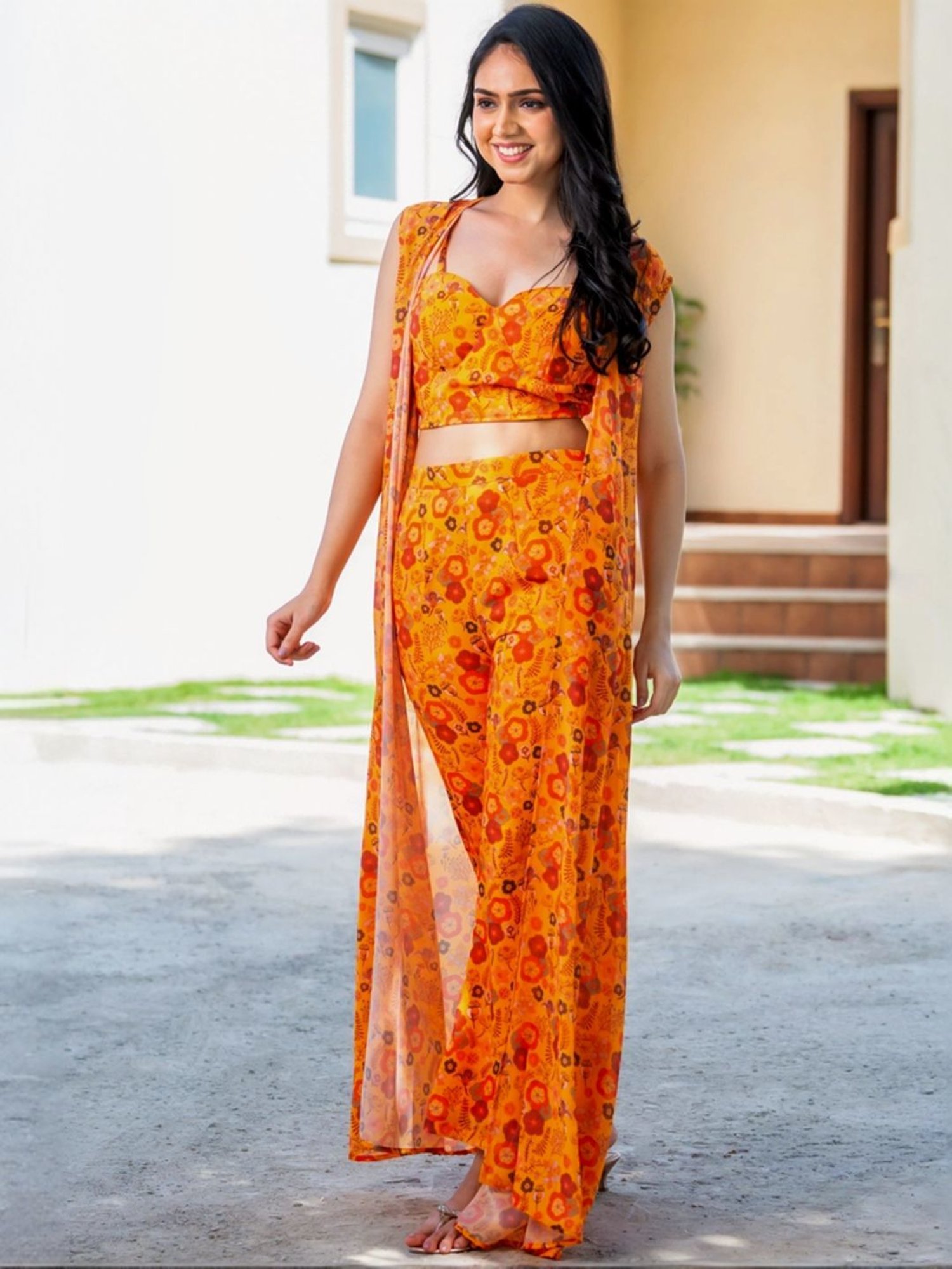 HOUSE OF JAMOTI Mustard Printed Crop Top Palazzo Set With Long Cape