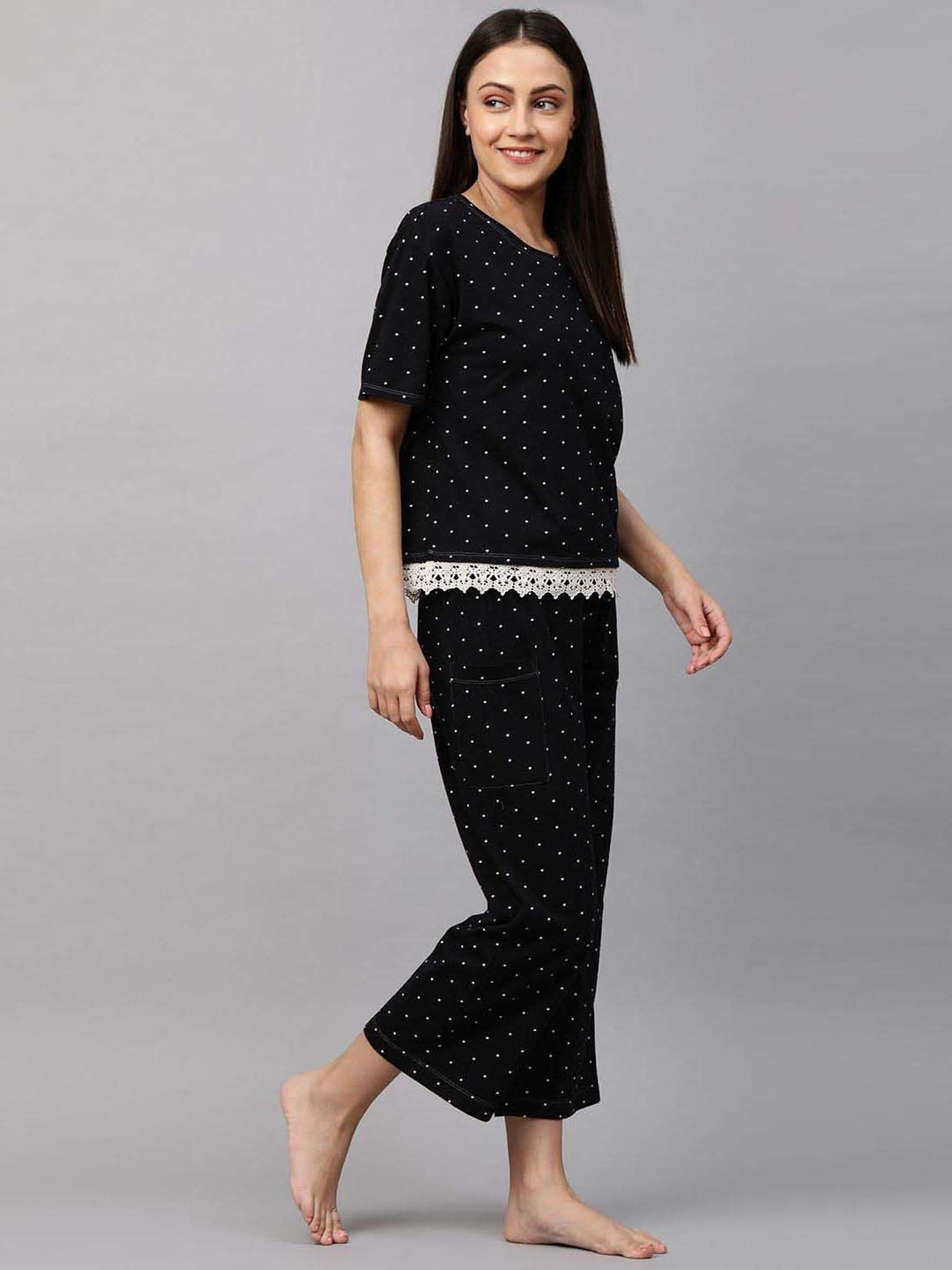 Chemistry Black Cotton Printed T-Shirts Pyjama Set