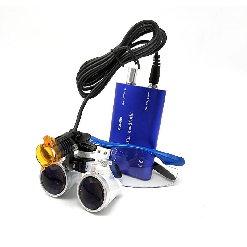 3W LED Clipon Headlight with Filter 35x420mm Medical Binocular Loupes Blue Aluminum Box