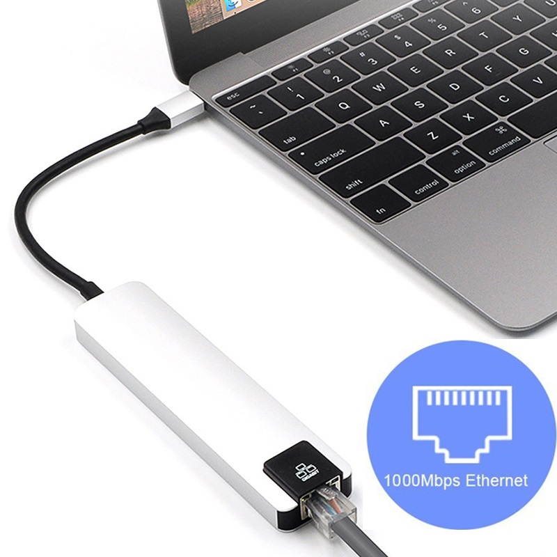 Gigabit Ethernet Card Type-C 3 USB3.0 + USB-C Female PD Charging HUB Aluminum Alloy, 5 in 1 USB-C HUB with 1000Mbps LAN PD 2 x USB 3.0 Ports, Type-C to RJ45 PD USB Dock.
