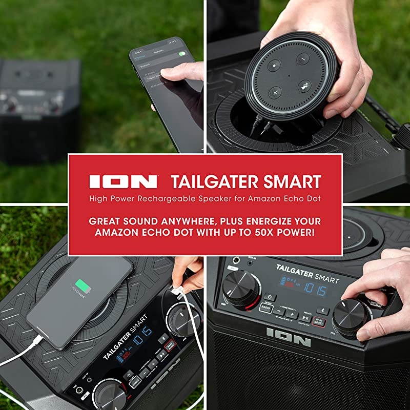 50W Outdoor Echo Dot Speaker Dock/Portable Alexa Accessory with Bluetooth Connectivity and 50 Hour Rechargeable Battery-Tailgater Smart