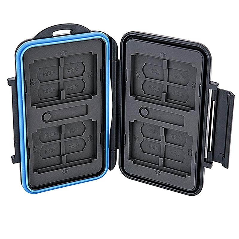 Slots WaterResistant Memory Card Case SD MSD Card Holder Storage Keeper for 4 CF + 8 SD SDHC SDXC + 16 TF MSD Micro SD Cards with Carabiner + Card Tray Removal Eject Pin Key Blue Seal Ring