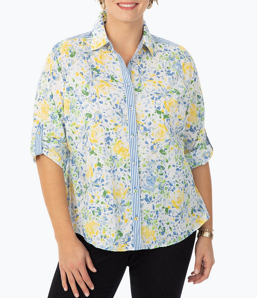 Foxcroft Plus Size Zoey Point Collar Neck Long Sleeve Roll Tab Spring Blooms Button Front Shirt