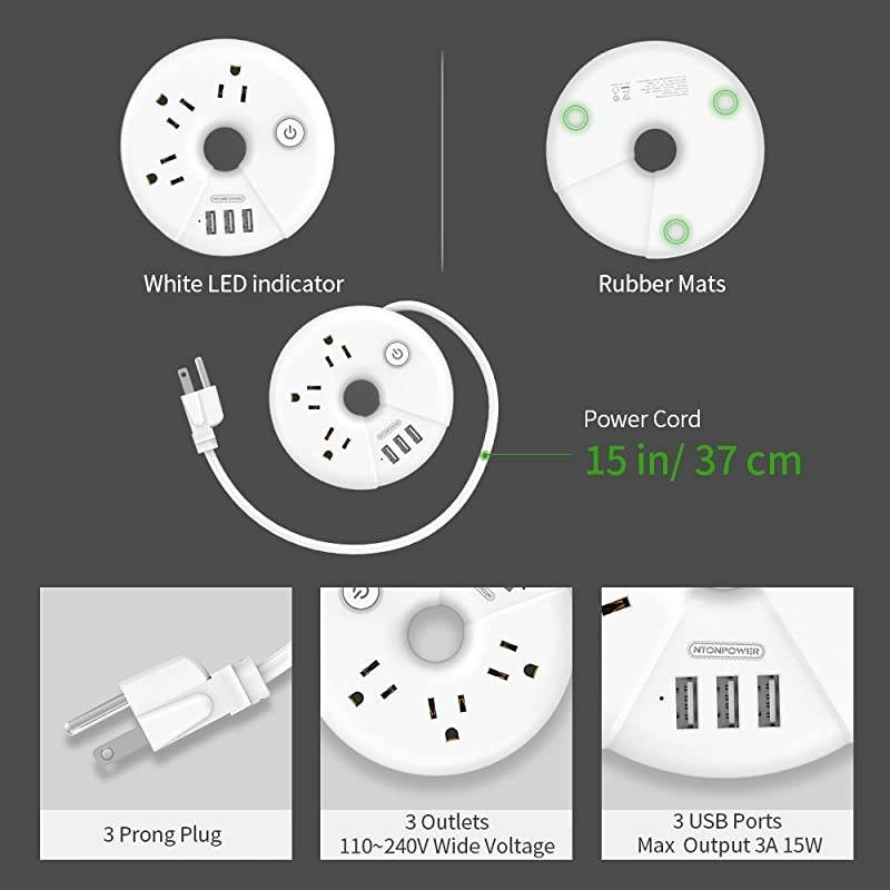 Travel Power Strip  3 Outlets 3 USB Portable Desktop Charging Station Short Extension Cord 15 inch for Office Home Hotels Cruise Ship Nightstand White