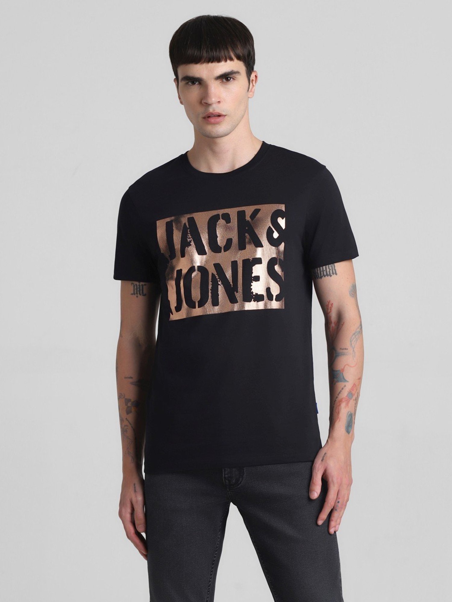 Jack & Jones Jet Black Cotton Slim Fit Printed T-Shirt