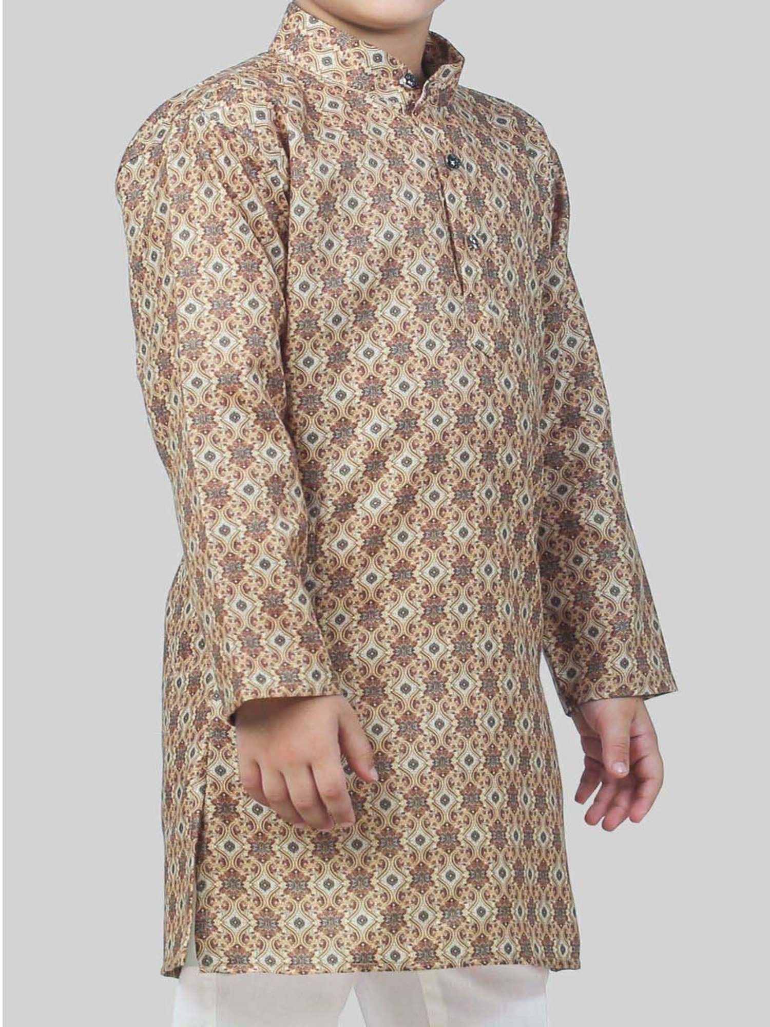 Ahhaaaa Kids Cream & White Cotton Handloom Full Sleeves Kurta Set