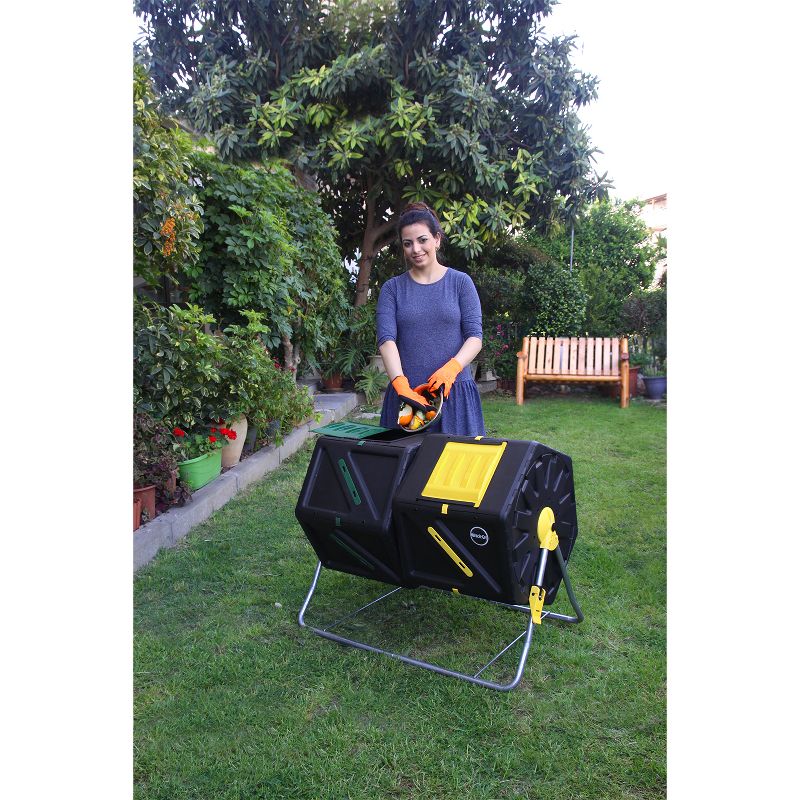 Miracle-Gro DFDC210 Dual 105 Liter 28 Gallon Bin Spinning Tumbling Aeration Garden Waste Soil Composter with 3 Piece Hand Tool Kit, Black