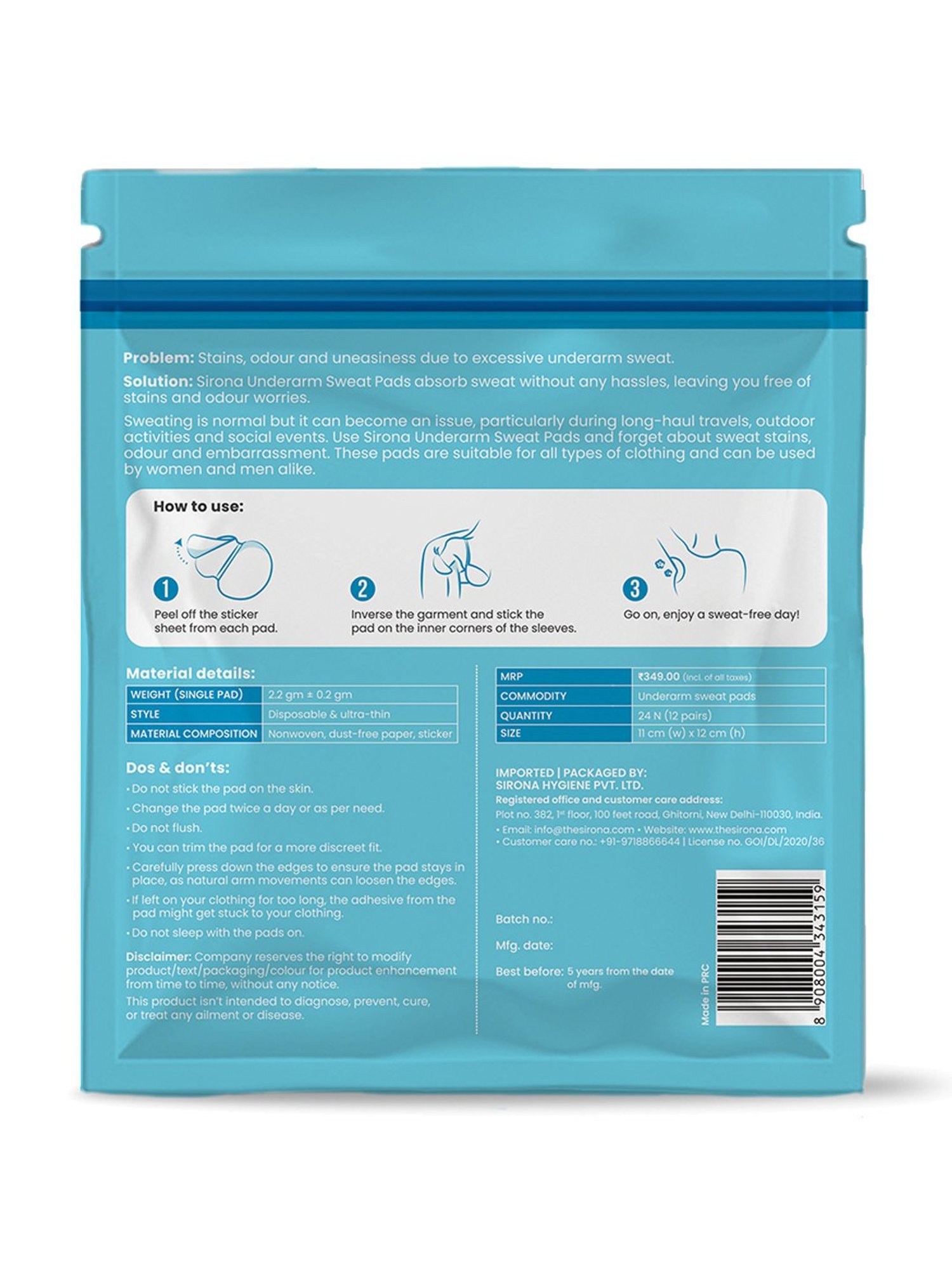 Sirona Anti Stain Underarm Sweat Pads - Pack of 2