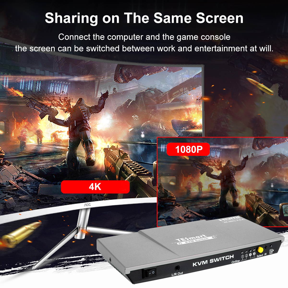 TESmart 2x1 HDMI KVM Switch 4K 3840x2160@60Hz 4:4:4 USB 2.0 2Pcs 5ft KVM Cables Control of 2 Computers/Servers/DVR (BLACK) EU Standard Plug