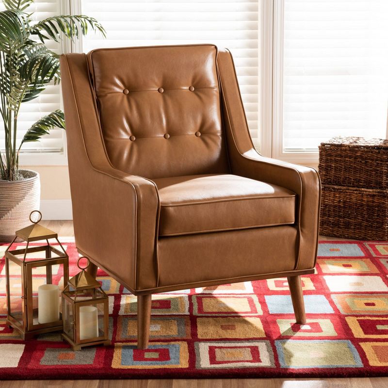 Daley Tan Faux Leather Upholstered and Wood Lounge Armchair Brown - Baxton Studio