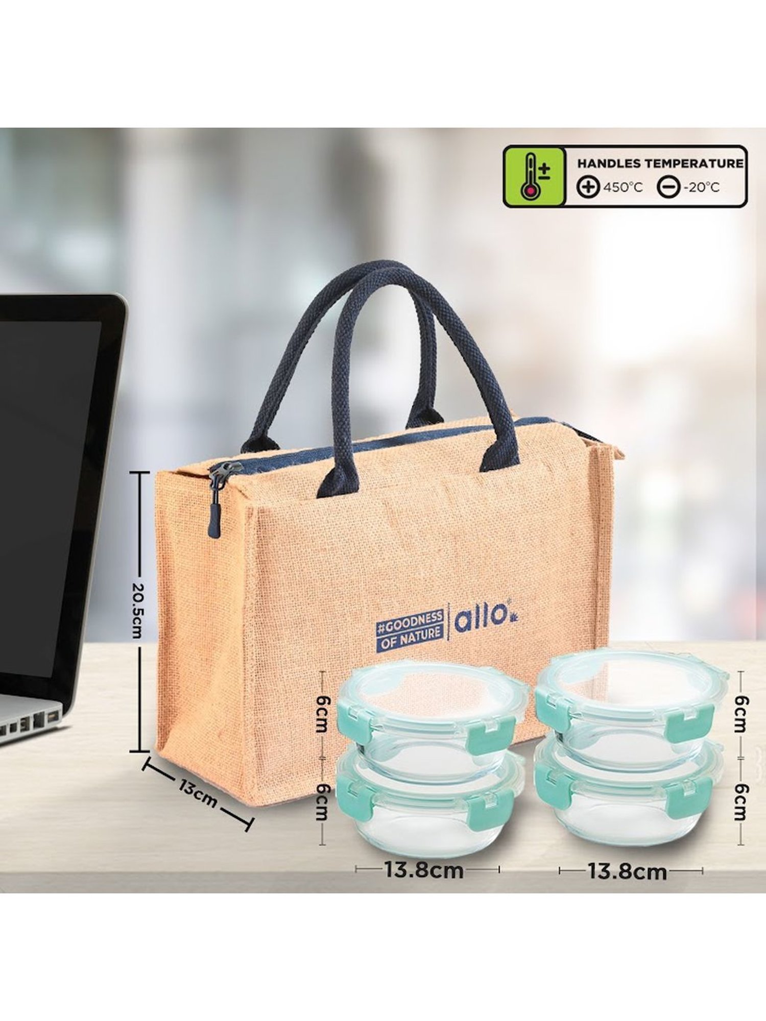 Borosilicate Glass Lunch Box Microwave Oven Safe with Detachable Lock and Jute Tiffin Bag