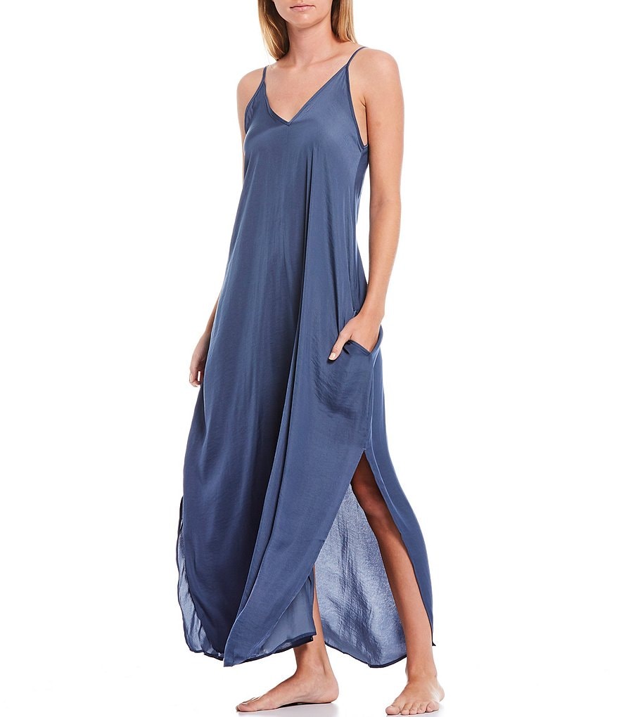VAN WINKLE & CO. Solid Satin Maxi Chemise With Side Slit Detail