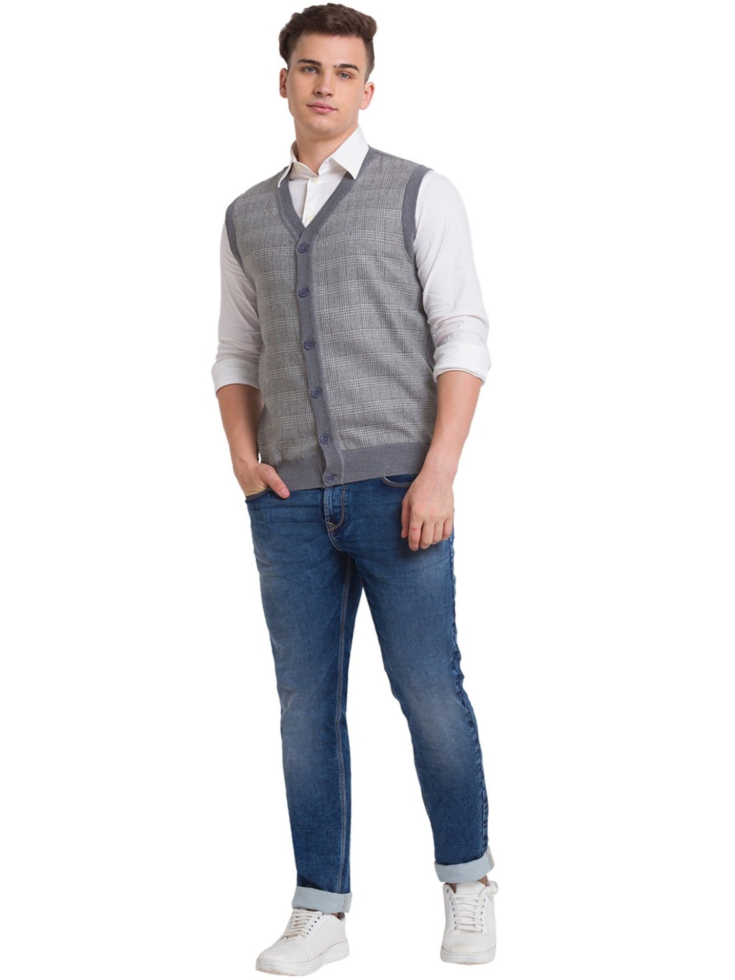 ColorPlus Grey Classic Fit Checks Sweater