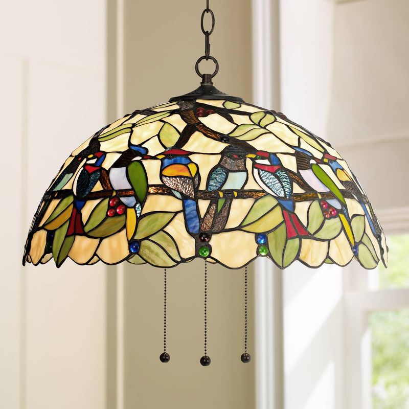 Robert Louis Tiffany Bronze Plug In Swag Pendant Chandelier 20" Wide Tiffany Style Tropical Birds Stained Glass for Kitchen Island