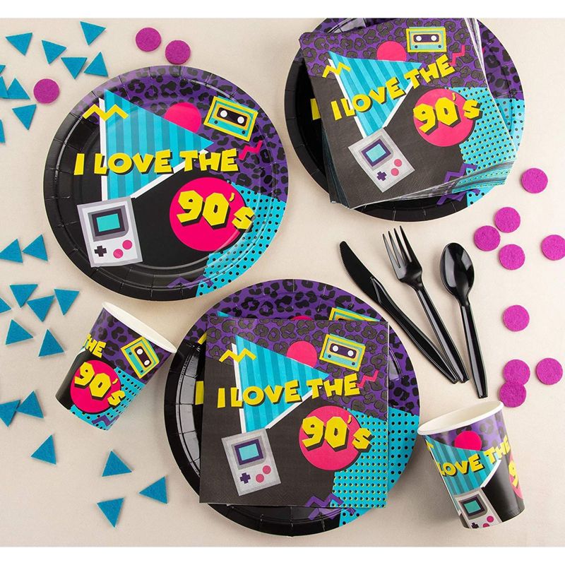 Blue Panda 144 Pieces 90's Party Decorations, Paper Plates, Napkins, Cups and Plastic Cutlery (Serves 24)