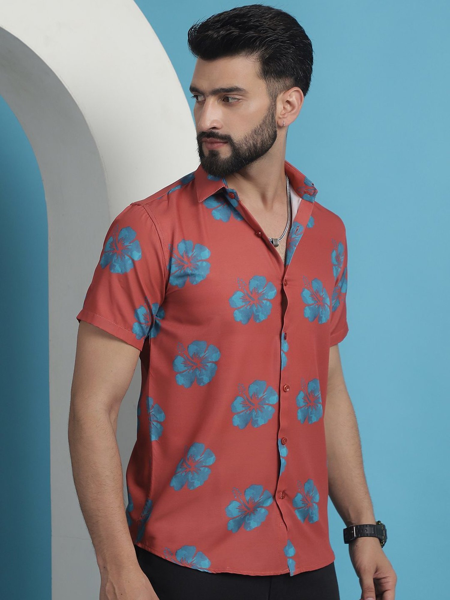 Indian Needle Coral Cotton Regular Fit Floral Print Shirt