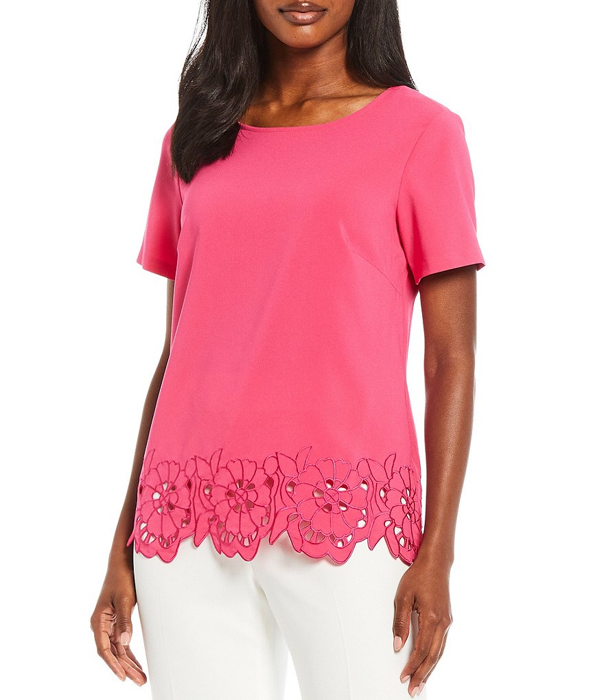 Preston & York Pat Laser Cut Floral Hem Crew Neck Short Sleeve Blouse