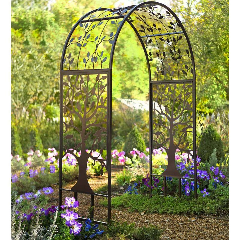Plow & Hearth - Wide Arch Metal Garden Arbor with Tree of Life Design
