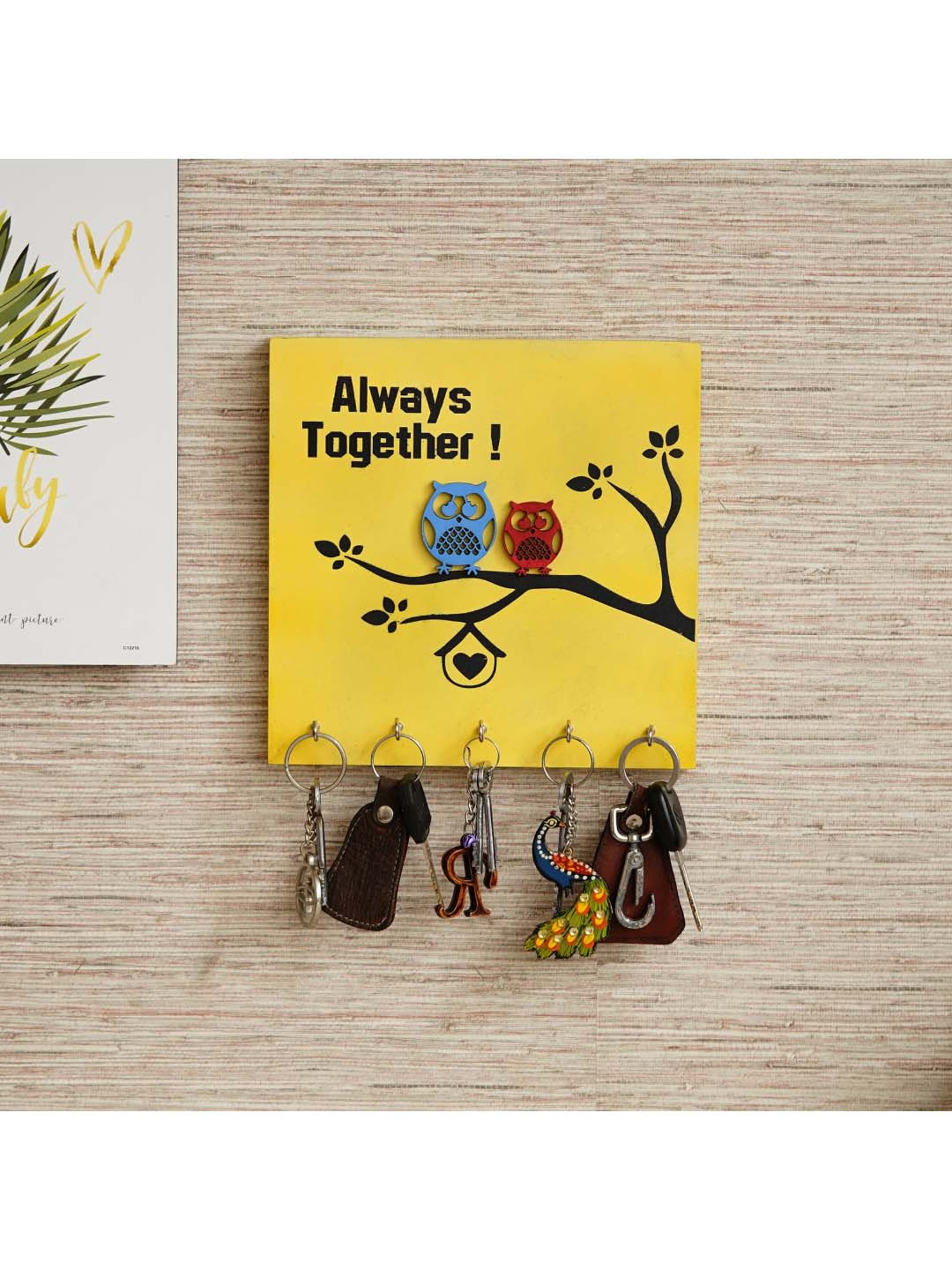 eCraftIndia Yellow & Black Wooden 5-in-1 Hook 'Owls Sitting' Key Holder