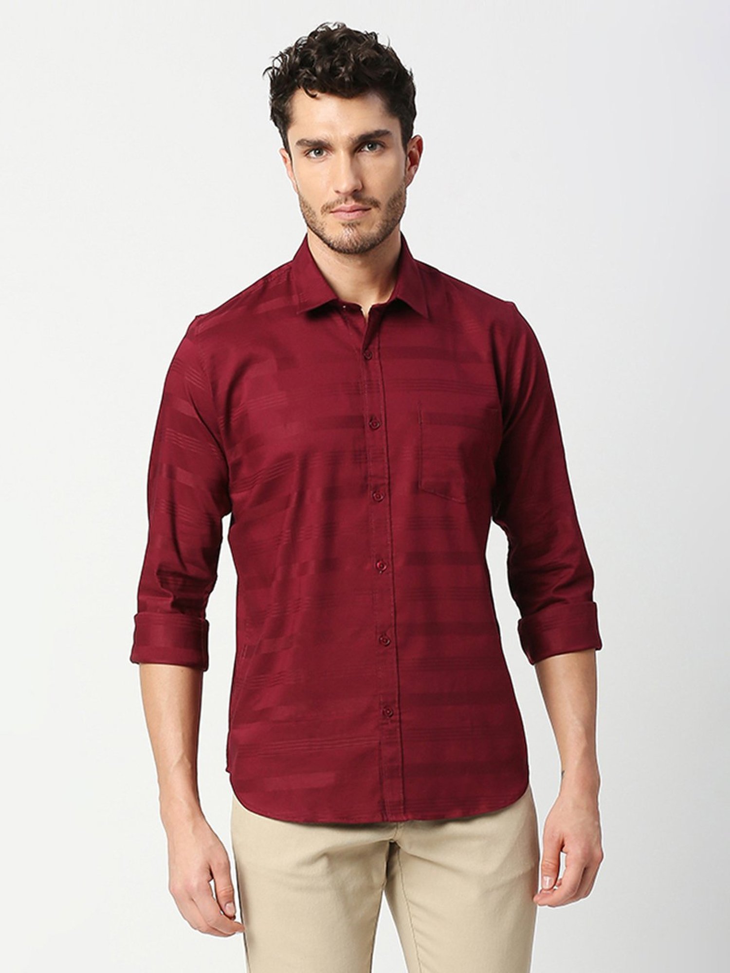 SOLEMIO Red Slim Fit Striped Shirt