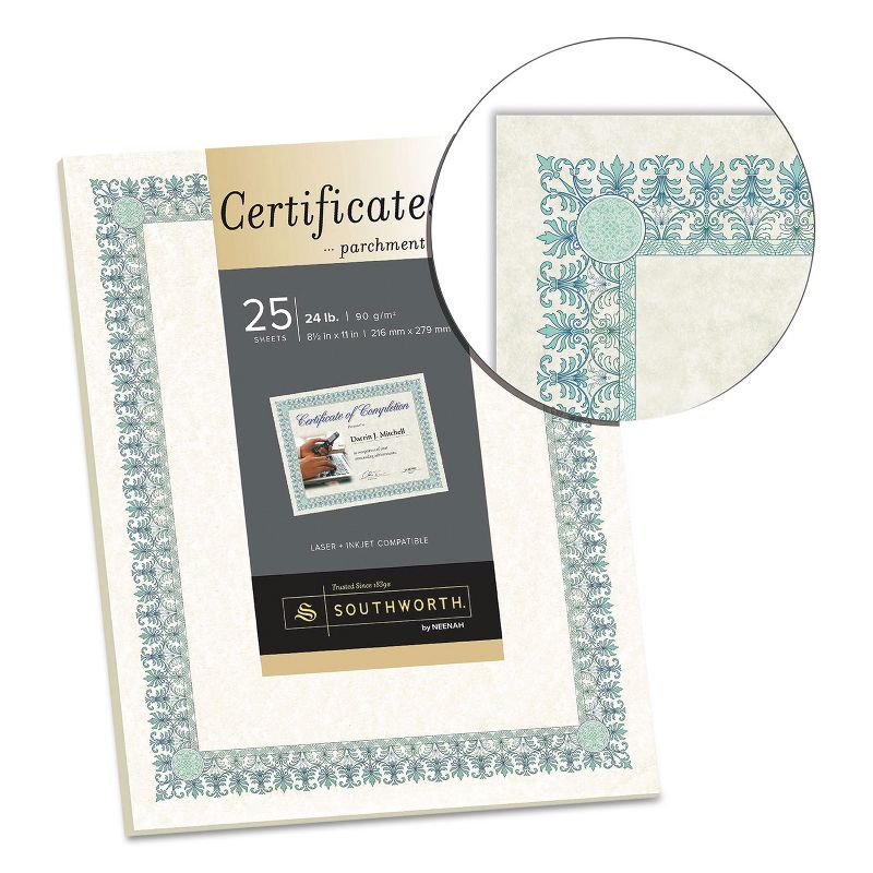 Southworth Parchment Certificates Ivory w/Green & Blue Border 24 lbs. 8-1/2 x 11 25/PK CT3R