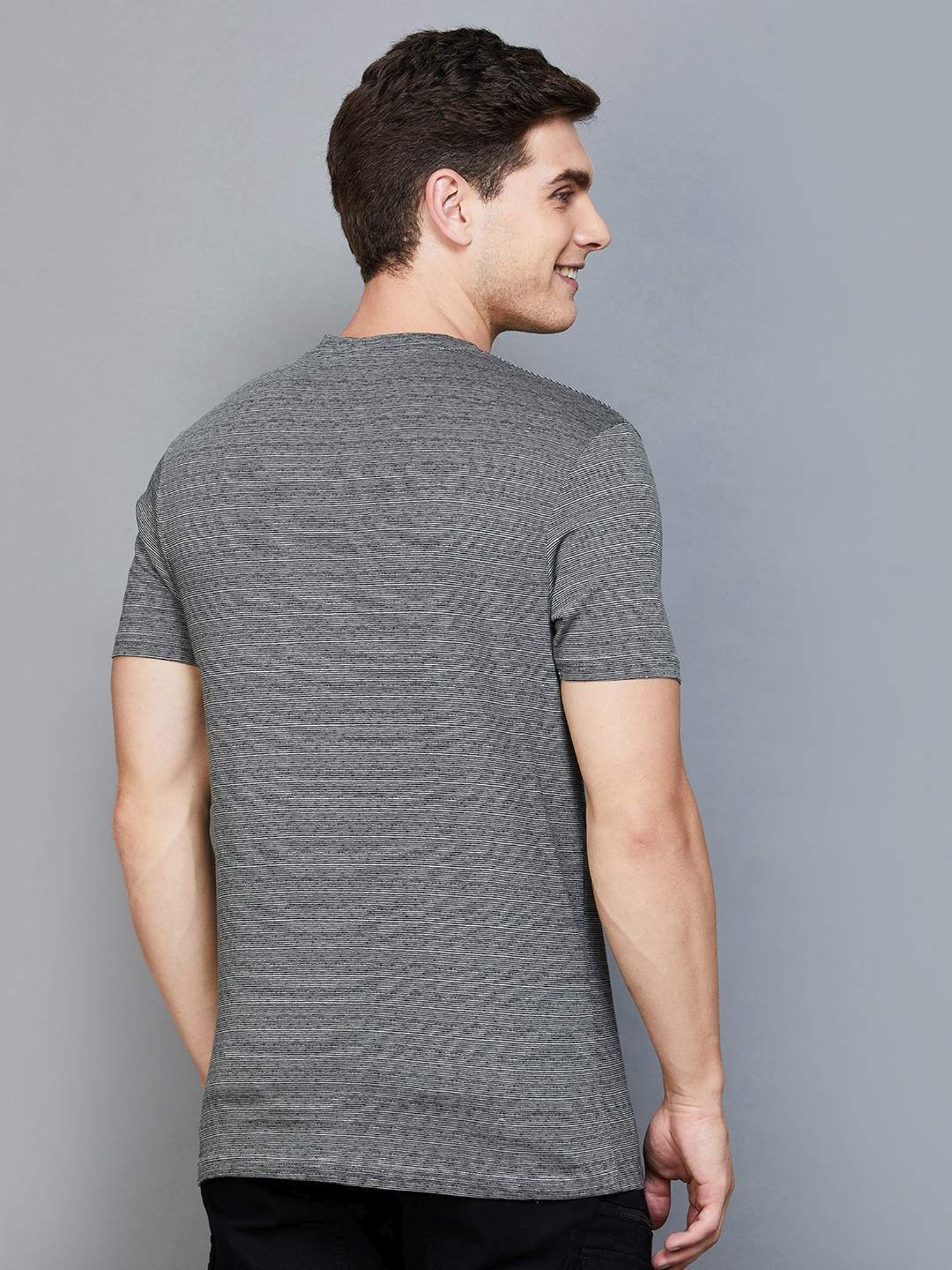 BOSSINI Black Cotton Regular Fit Self Pattern T-Shirt