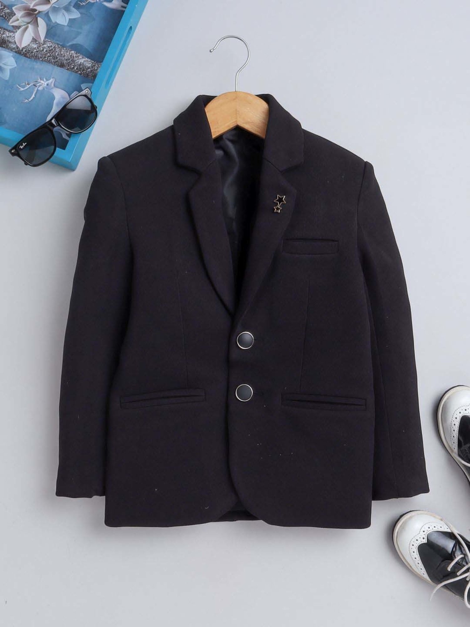 Fourfolds Boys Black Solid Full Sleeves Blazer