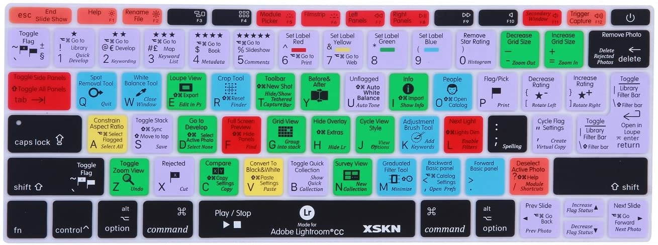 XSKN 2016 Shortcut Design Series Keyboard Skin Cover for New MacBook 12 (2015 Model A1534) and New MacBook Pro 13 (2016 Newest Version Model A1708, No Touch Bar), US&EU Version (Lightroom)