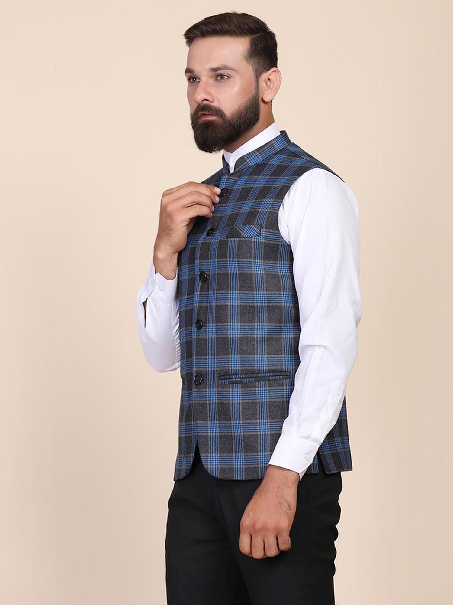 TAHVO Grey & Blue Slim Fit Checks Nehru Jacket