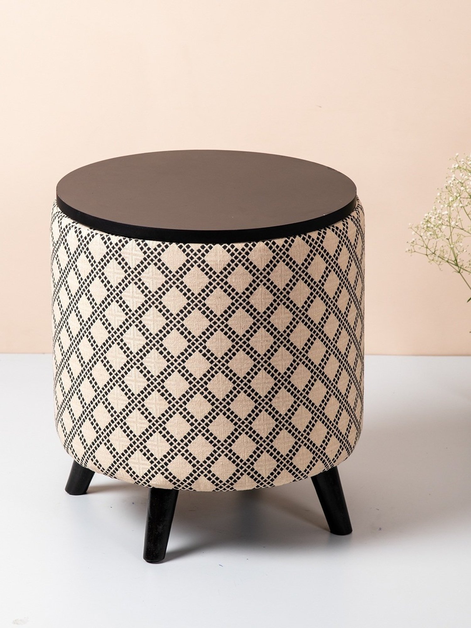 Nestroots Printed Beige Cotton 4 Leg Pouf Pouffe Criss Cross Storage Ottoman - Set of 2