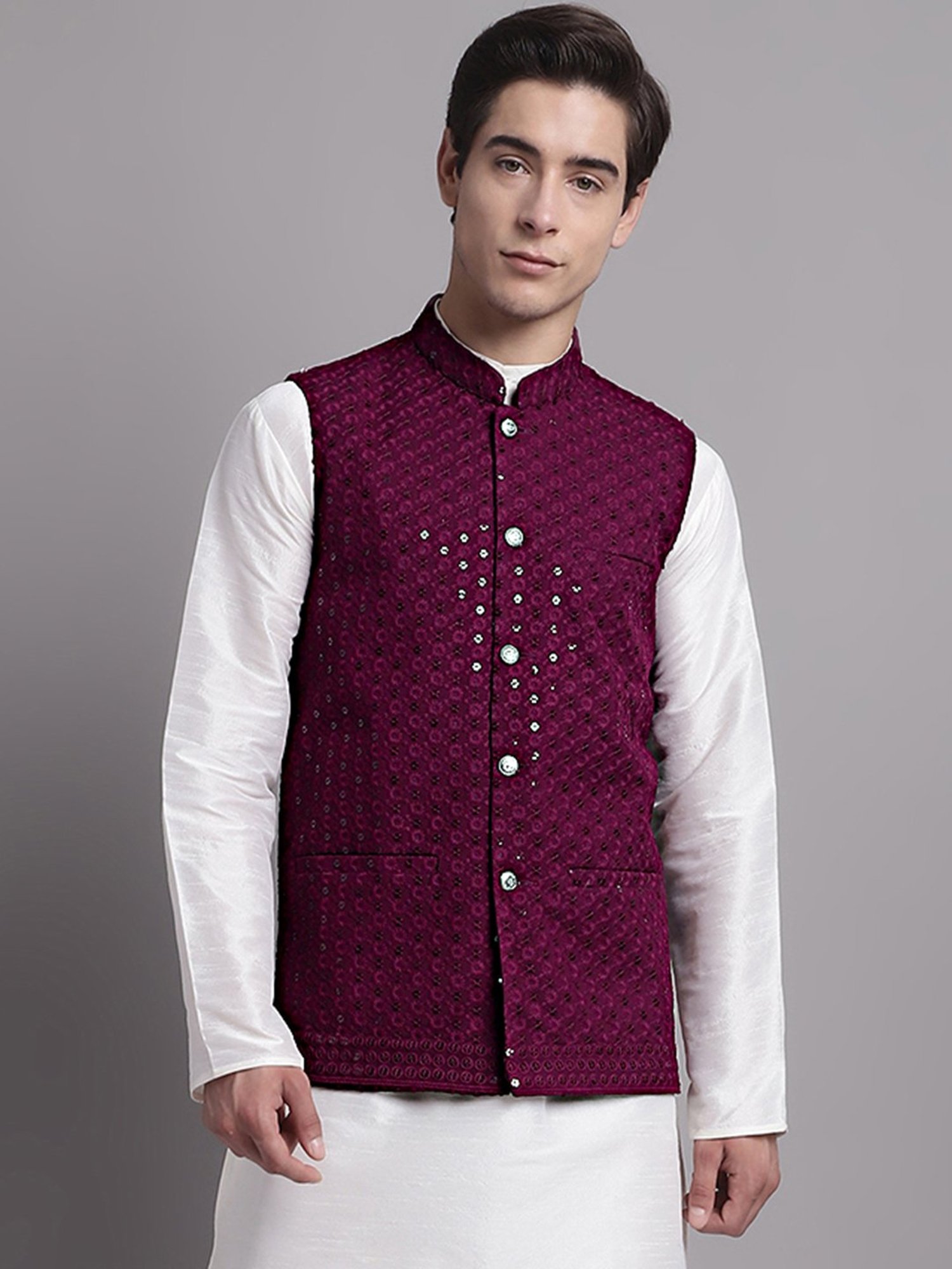 Jompers Purple Regular Fit Embroidered Nehru Jacket
