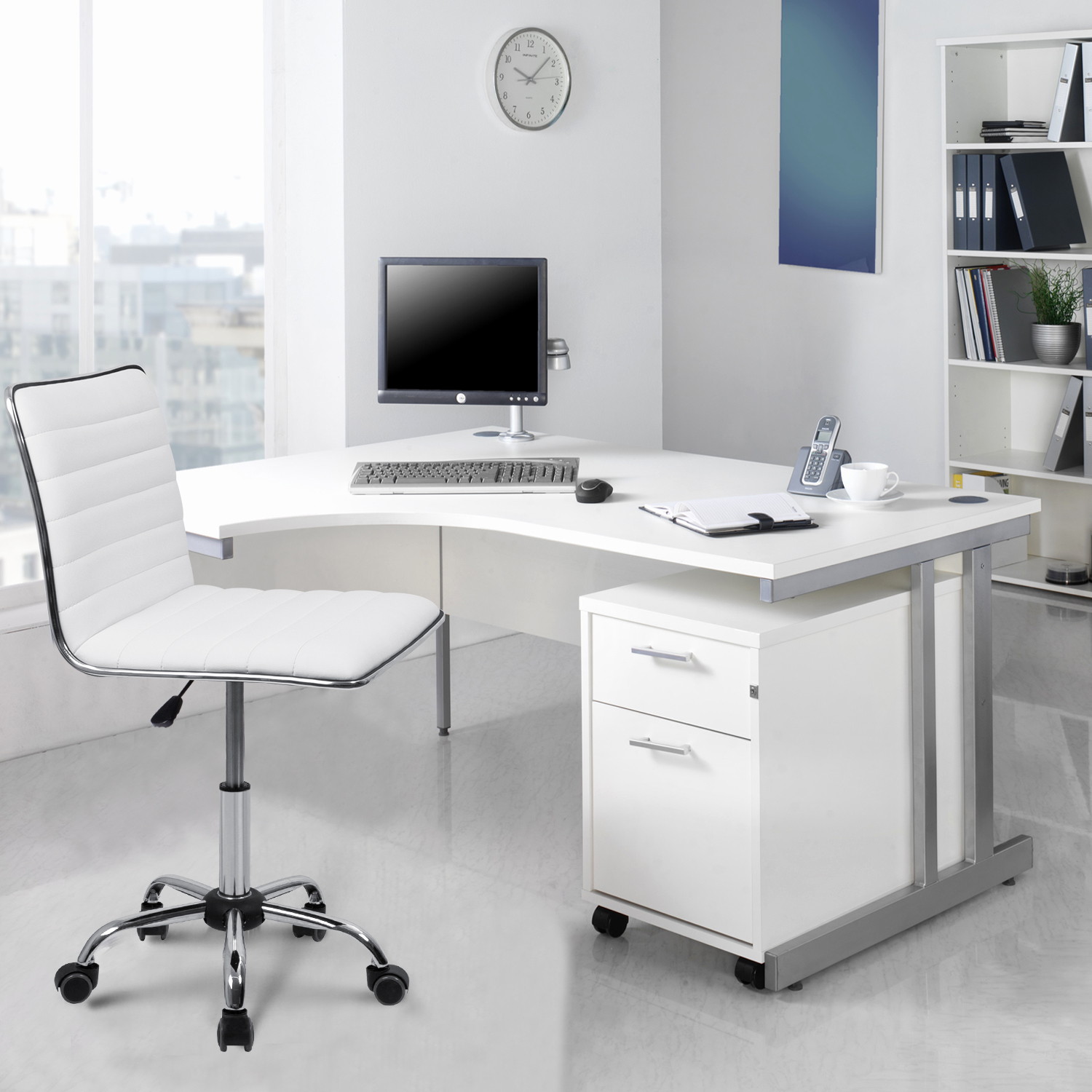 Furmax Mid Back Task Chair, Low Back PU Leather Swivel Office Desk Chair, Computer Chair with Armless Ribbed Soft Upholstery (Grey)