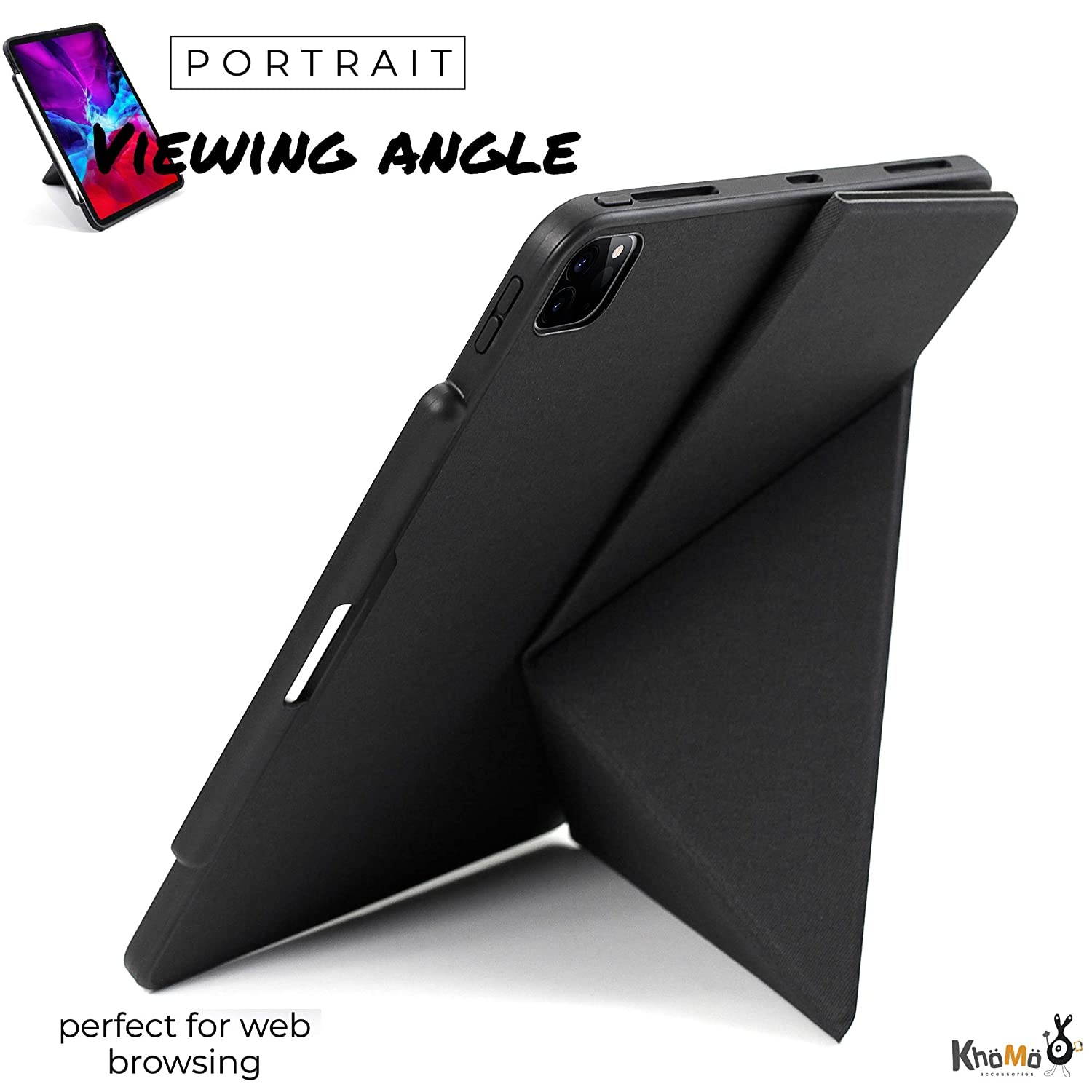 KHOMO iPad Case Pro 12.9 Case 4th Generation 2020 with Pencil Holder - Dual Origami Series - Horizontal and Vertical Stand - Supports Apple Pen Charging - Charcoal Black