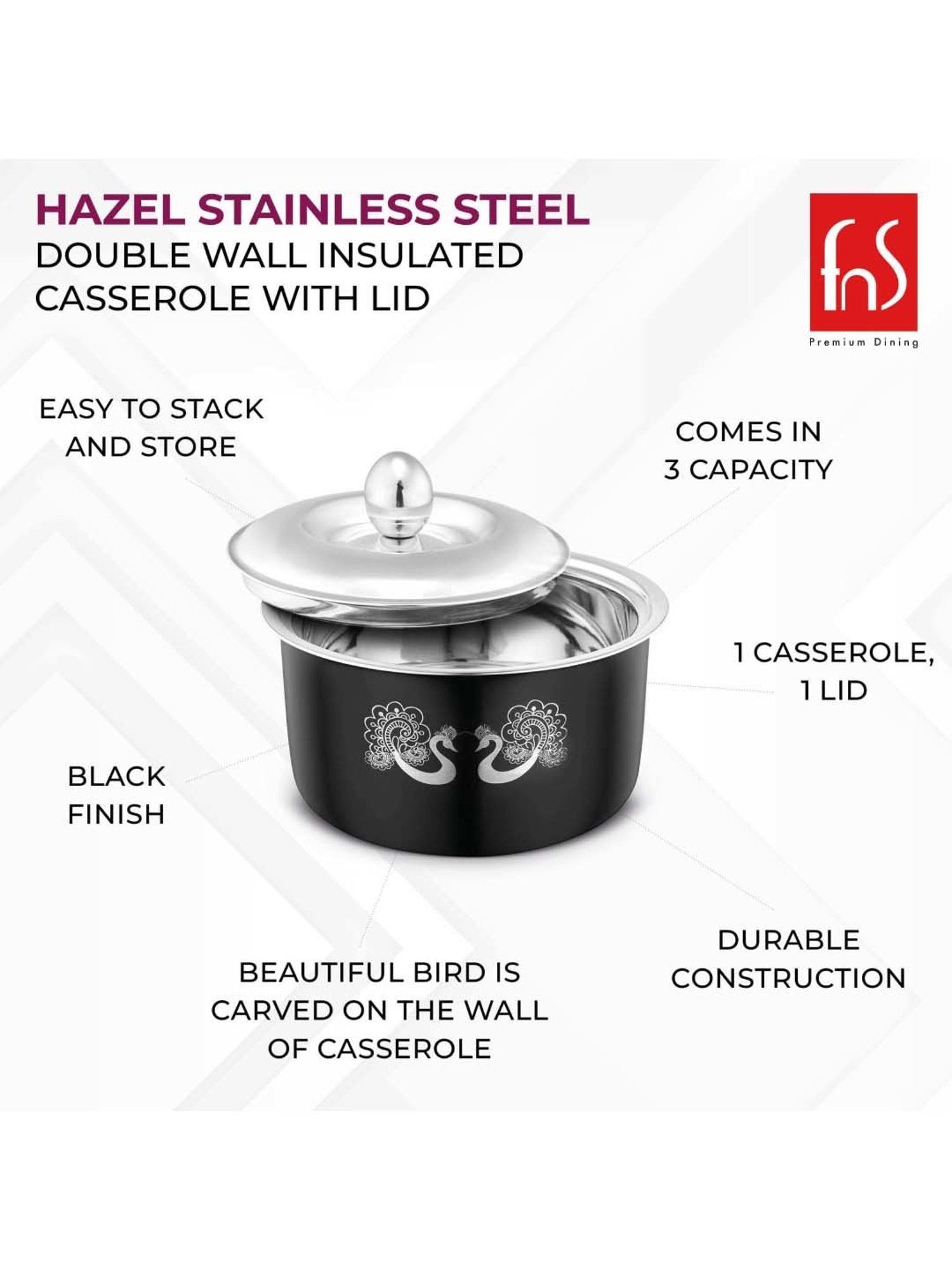 FnS Hazel Black Stainless Steel Casserole With Lid (2.2 L)