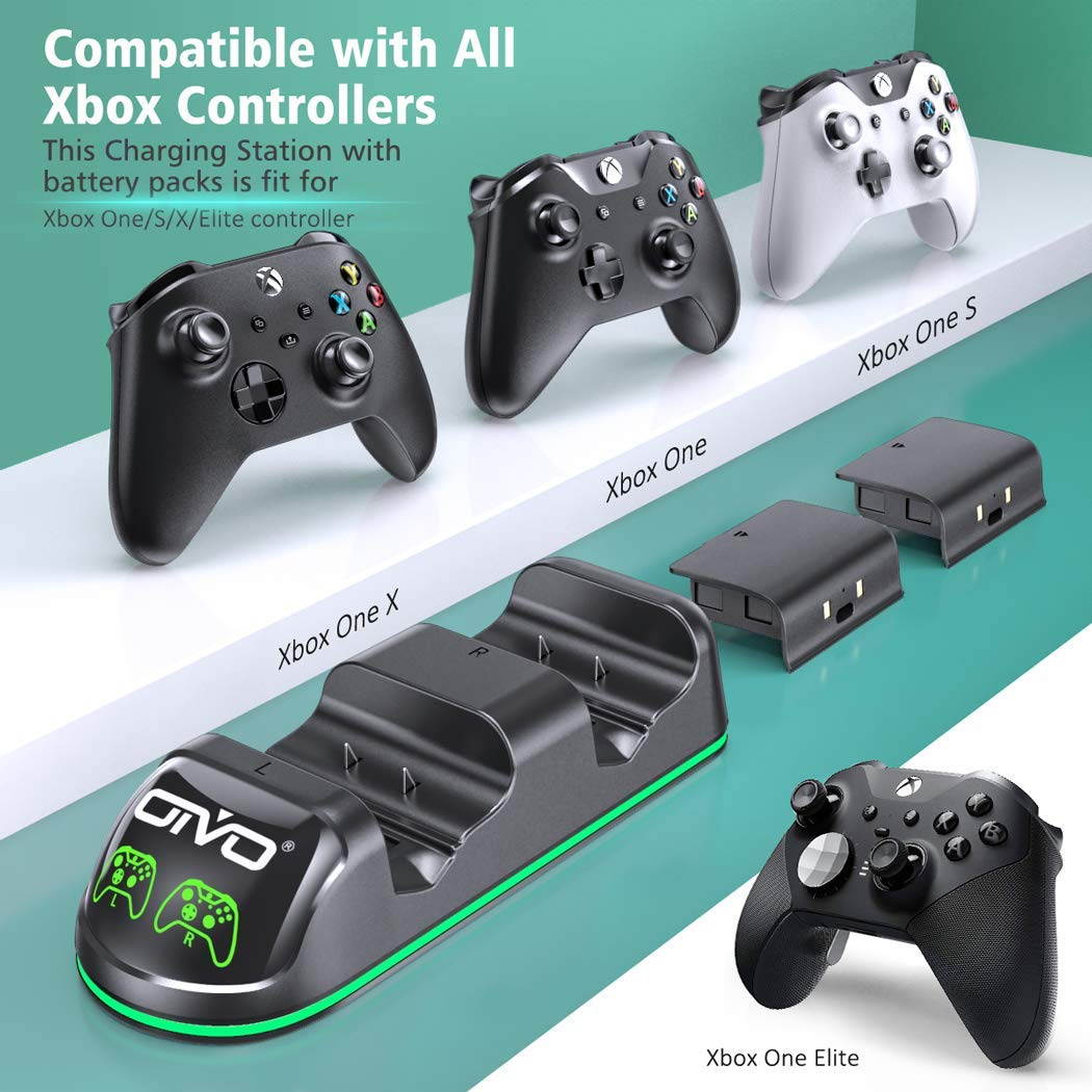 OIVO Xbox One Controller Charger, Dual Charging Station with Updated LED Strap, Remote Charger Dock for Xbox One/S/X/Elite Controller - 2 Rechargeable Battery Packs Included