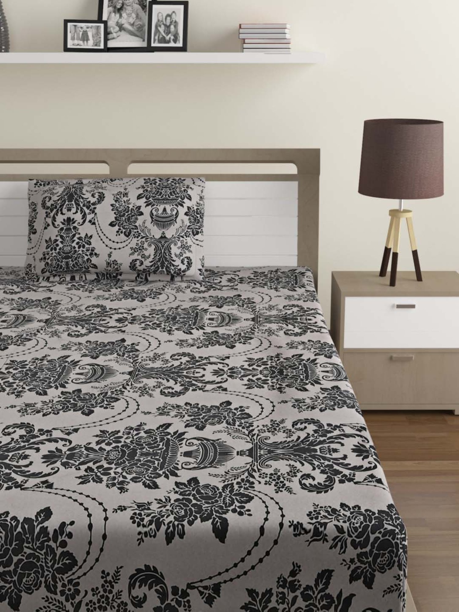 Swayam Sparkle Floral Black & White 120 TC Cotton Blend Single Bedsheet with 1 Pillow Cover