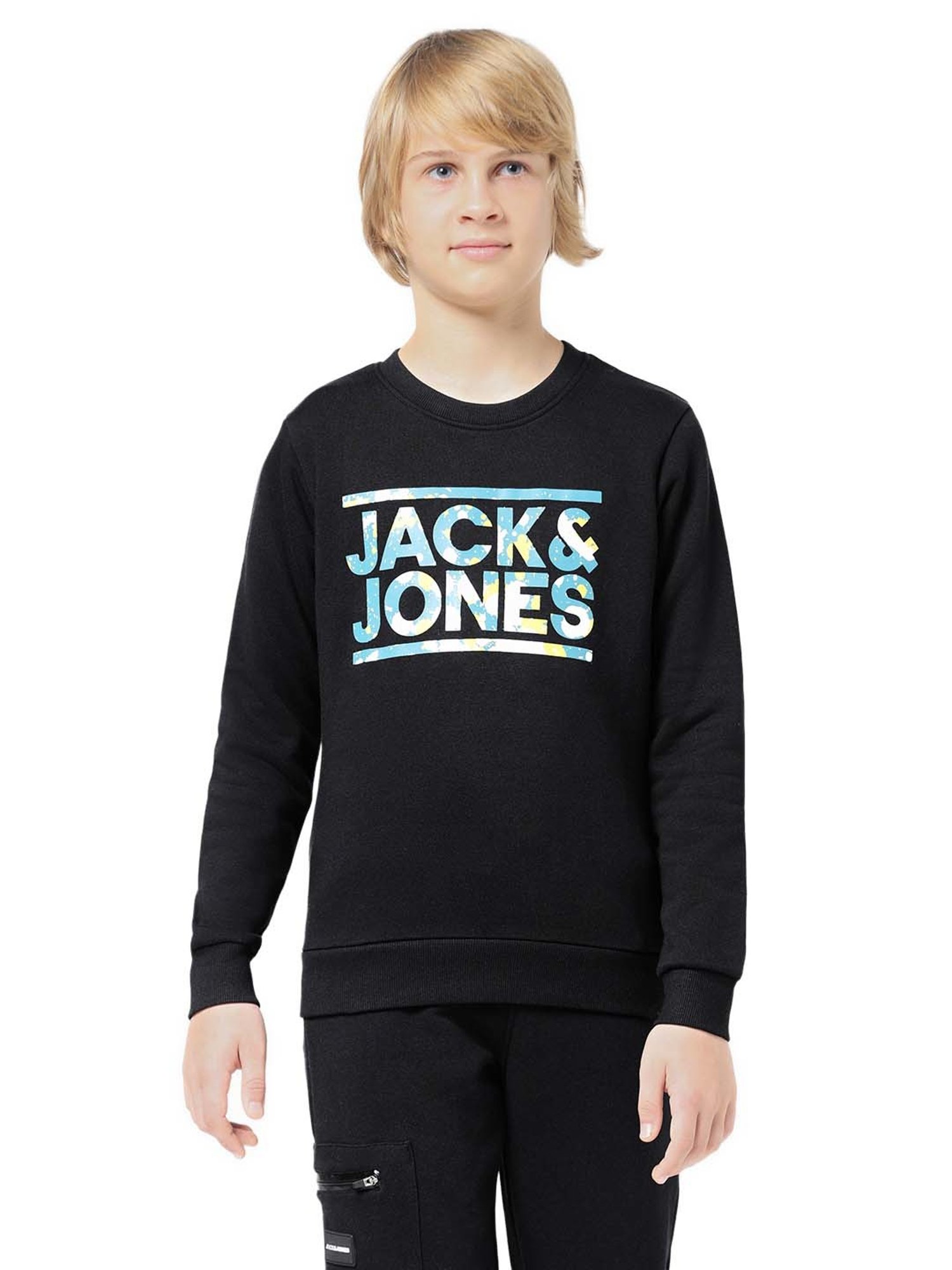 Jack & Jones Junior Jet Black Printed Full Sleeves Sweatshirt