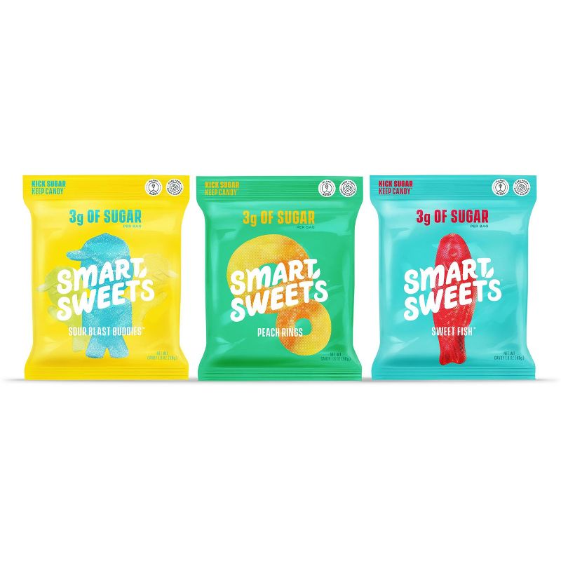 Smart Sweets Peach Rings, Sweet Fish Chewy, Sour Blast Buddies Gummy Candy Bundle