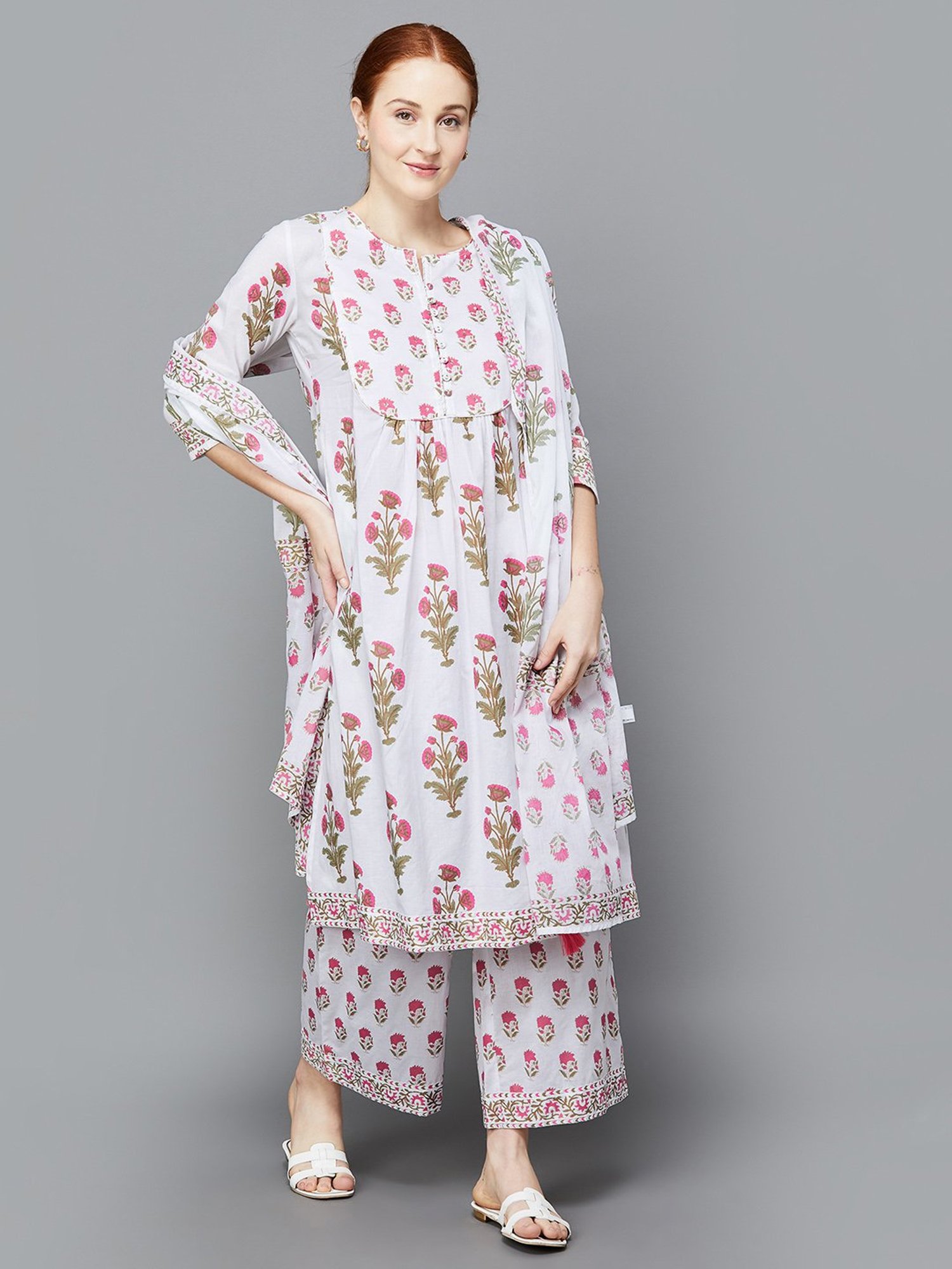 Melange by Lifestyle Off White & Pink Cotton Floral Print Kurta With Pants & Dupatta