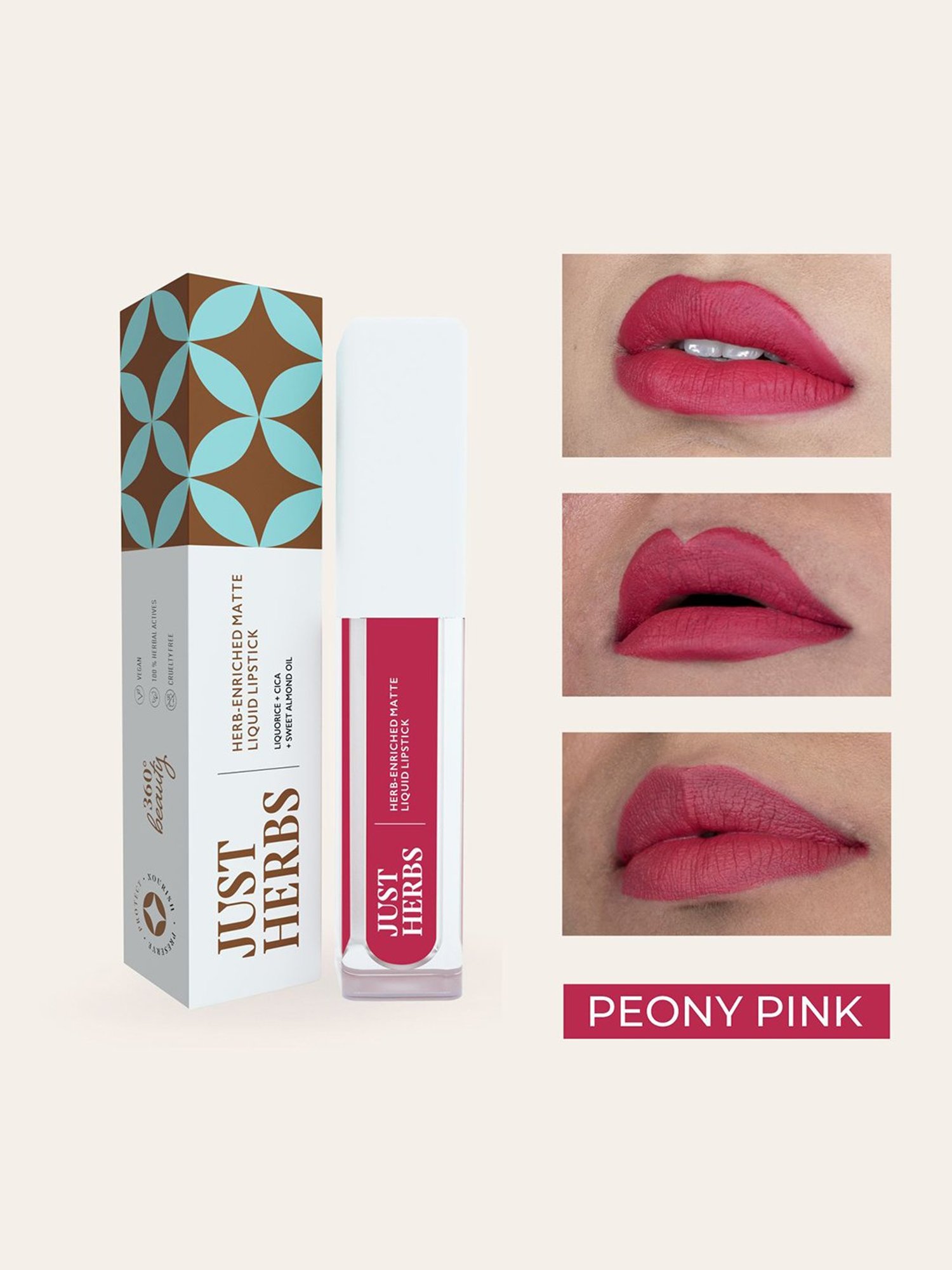 JUST HERBS Herb-Enriched Matte Liquid Lipstick Peony Pink - 2 ml