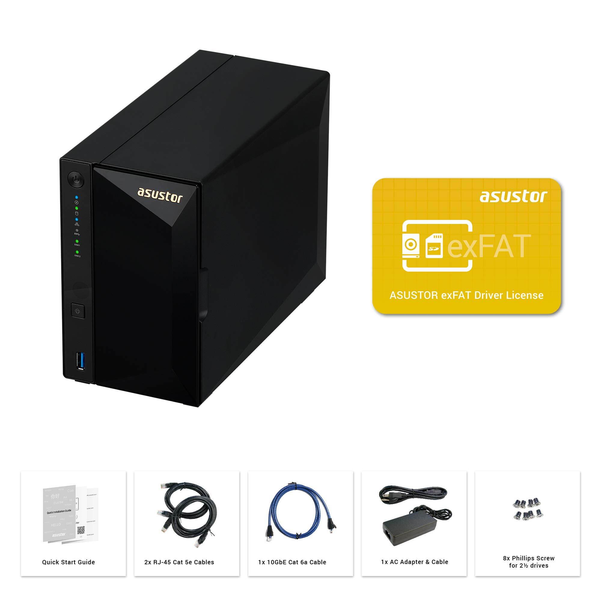 Asustor AS4002T | Network Attached Storage + Free exFAT License | Personal Private Cloud | Home Media Server | 10GbE Port, 1.6GHz Dual-Core, 2GB RAM DDR4 (2 Bay NAS)