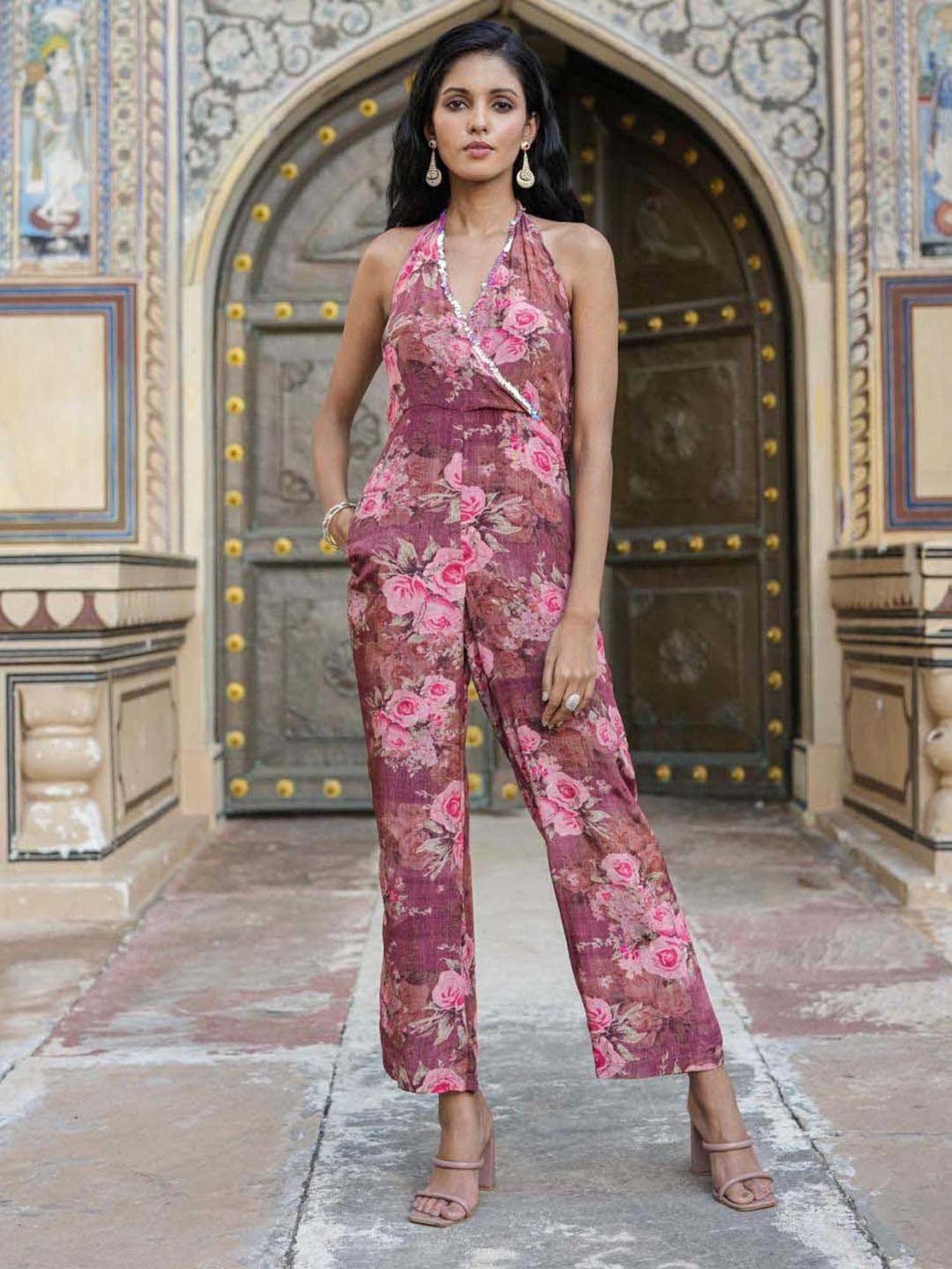 SCAKHI Purple Printed Jumpsuit With Cape