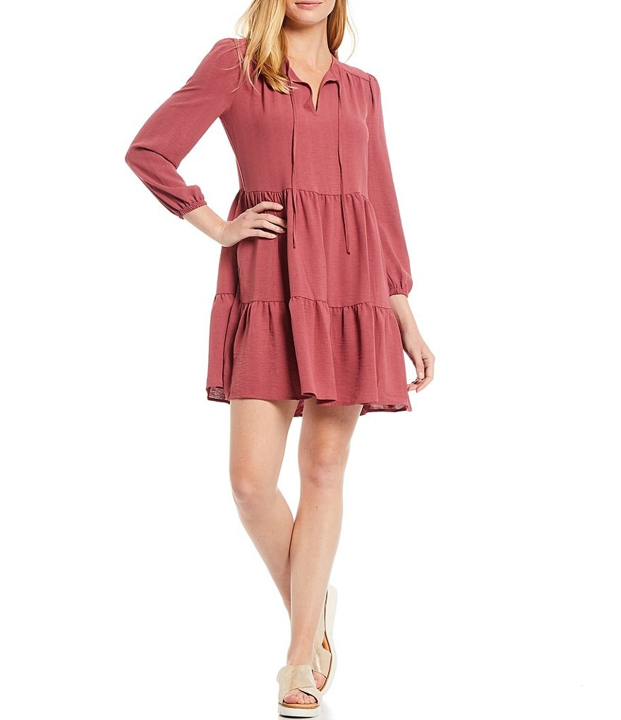 Maggy London Petite Size Long Sleeve Front Tie Tiered Dress